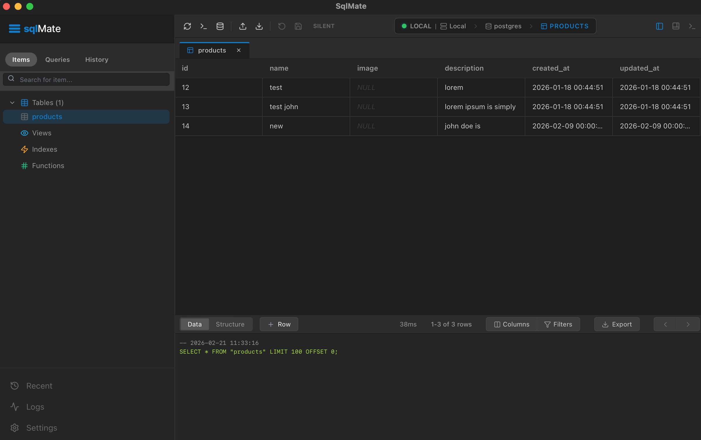 sqlMate connected to PostgreSQL, with a table browser, populated results, and SQL query history